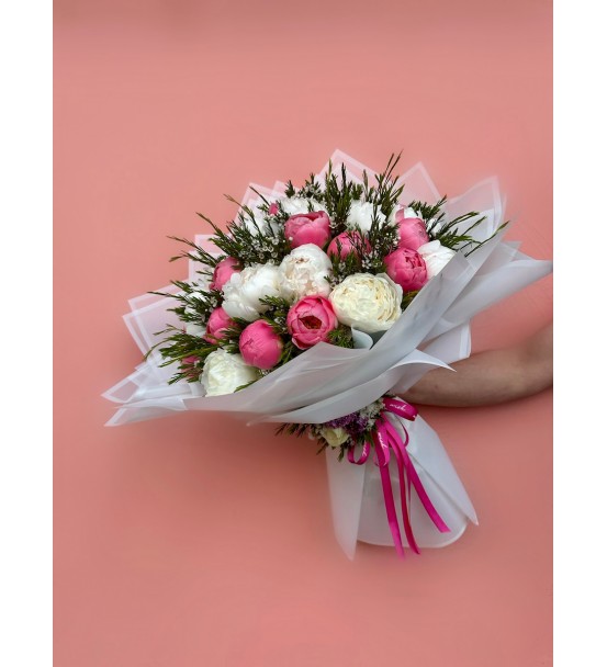 Beyaz ve Pembe Karışık Şakayık Buketi